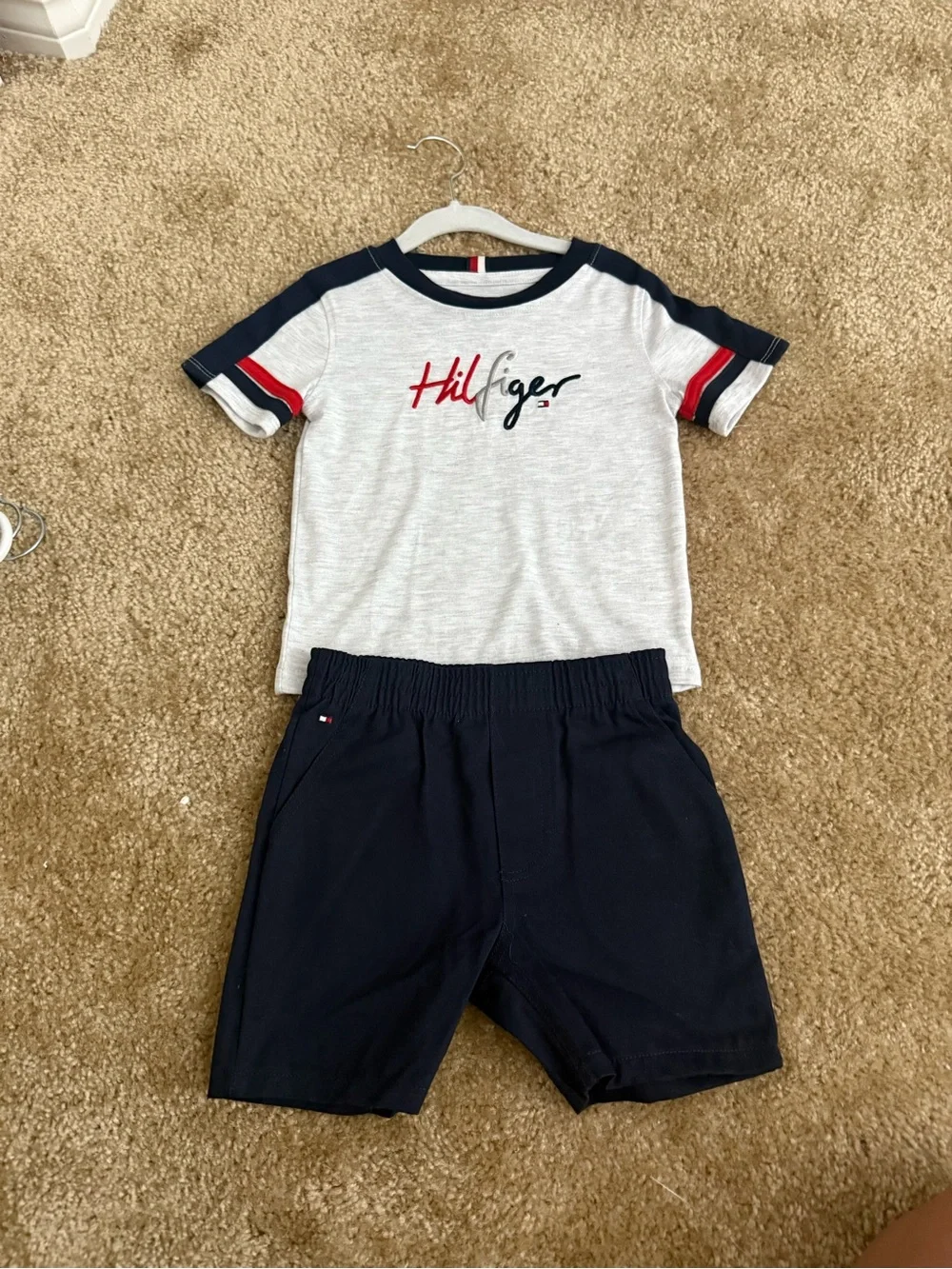 Tommy Hilfiger White Tee and Navy Shorts Set with Red Script